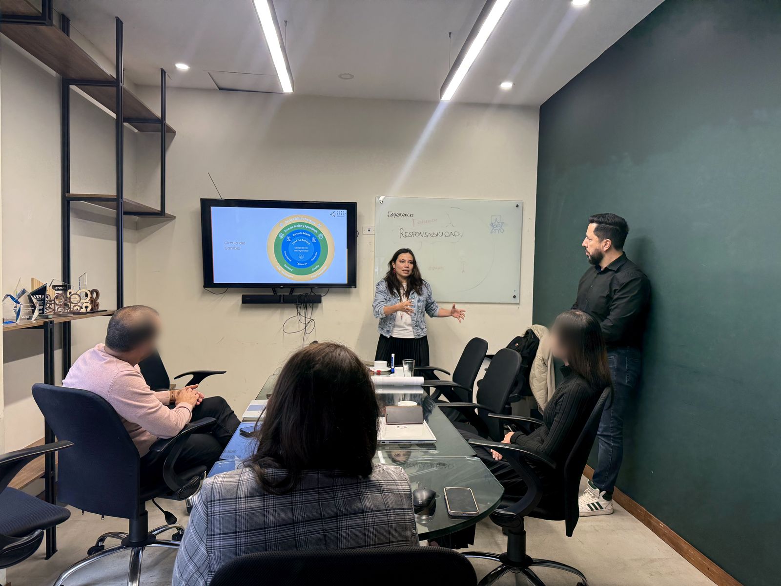 Taller de liderazgo con un equipo directivo en sala de juntas